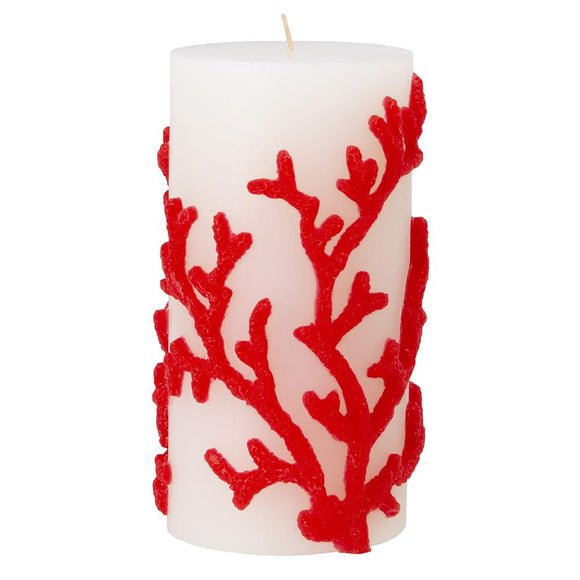 Pillar Candle - White with Red Coral Embossed