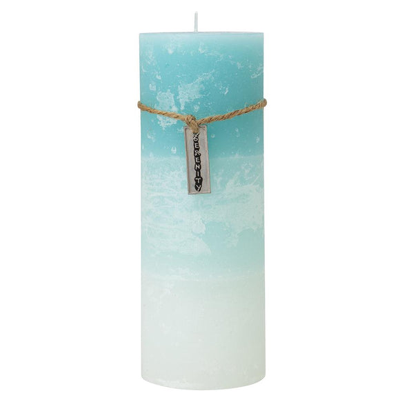 Pillar Candle - Light Blue, White with Serenity Tag