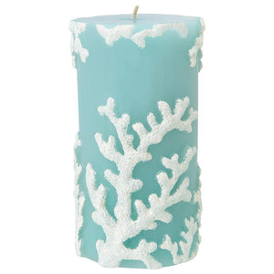 Pillar Candle - Aqua with White Coral Embossed